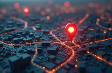 Fototapete - Red pin marks city location on digital map. Navigation concept, modern tech. GPS positioning, search, find route, explore urban area. Digitalization of world. Journey, travel, tourism, technology.