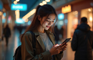 Poster - Young woman using smartphone in shopping mall at night. Girl is looking at her phone in a modern city. People are shopping, modern lifestyle, gadget tech.