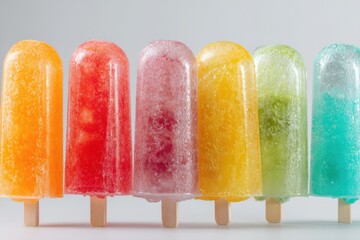 Aufkleber - Brightly Colored Frozen Popsicles Arranged by Hue With a Clear Upper Section and Wooden Sticks for Summer Fun