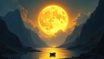 Aufkleber - Artistic digital painting of glowing yellow moon. Illustration shows lake, mountains, boat under night sky. Moon reflecting water surface. Ethereal scene creates relaxing mood. Fantasy landscape.