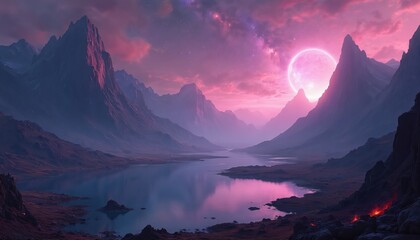 Aufkleber - Fantasy alien planet landscape. Mountains, lake, glowing moon and starry sky. Pink, purple colors with reflection. Illustration of a surreal cosmos, outer space environment.