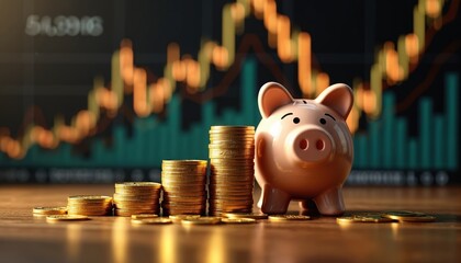 Poster - Piggy bank with stacks coins. Financial concept savings, investment, growth, wealth in future. Economy graph background. Financial planning for retirement, safe deposit, success, profit and business.