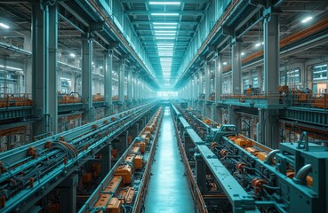 Fototapete - Sprawling industrial building with interconnected machines, extensive network wires. High-tech production facility modern infrastructure, automation systems, engineering excellence. Concept of modern
