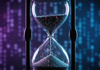 Sand flowing in an hourglass with glowing particles. Time passing with digital data concept. Abstract background for technology or countdown design.