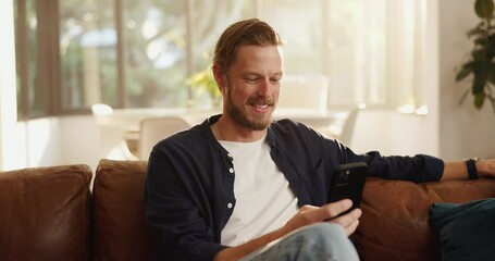 funny, cellphone and man on sofa in home with networking, contact or social media scrolling. notific
