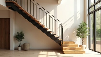 Poster - Modern minimalist staircase with wooden steps metal railing. Interior design home decor element. Architectural detail features plants near window. House, apartment concept with stylish architecture.