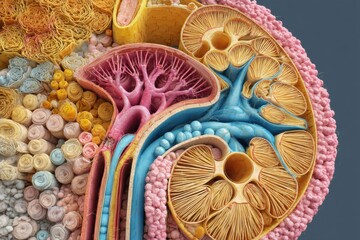 Poster - Detailed 3D Cross-Section of Nephron Structure Showcasing Renal Components, Highlighting the Clean Left Zone