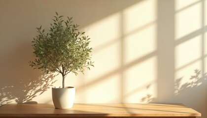 Aufkleber - Olive tree in white pot stands on wooden table. Sunlight streams through window, casting shadows on wall. Minimalist home interior design creates calm, peaceful vibe. Plant home decor, eco living