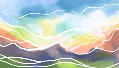 Fototapete - abstract watercolor mountain landscape with layered pastel hills and white contour lines for modern web design, print, branding, or digital illustration use