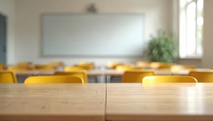 Aufkleber - Wooden table in classroom with yellow chairs, whiteboard. Blurred background with window, green plant. Empty school interior for display, learning, educational themes. Promotion space.