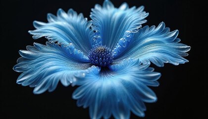 Crystalline blue flower with metallic center. Delicate, semitransparent petals. Futuristic, abstract art design, light, glow, shiny effect. Surreal, ethereal digital artwork with intricate texture.