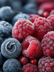 Poster - Frost-covered Blueberries and Raspberries Create a Vibrant Wintery Display During an Early Morning Harvest