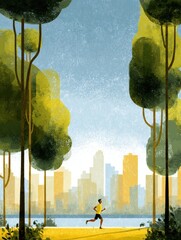 Aufkleber - Jogging Through an Urban Park Surrounded by Trees and a Vibrant City Skyline on a Sunny Day