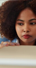 Aufkleber - Face, supply chain and business woman with box for shipping, logistics and manufacturing in warehouse. Ecommerce, inspection and African person with package, parcel and cargo for distribution service