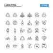 © AbuRadRafiu - Eco Living Line Icons: A set of outline icons representing various aspects of ecological living such as recycling, solar power, sustainable energy, and organic products.
