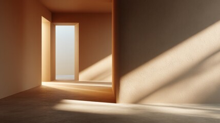 Fototapete - Soft sunlight spills into a minimalist interior, creating warm shadows that emphasize the architectural simplicity. The clean lines and open space evoke calm and serenity in the setting