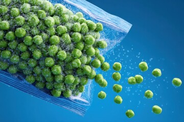 Poster - Bright 3D Illustration Showcasing Frozen Peas Spilling From a Resealable Bag With a Blurred Background Creating a Refreshing Atmosphere