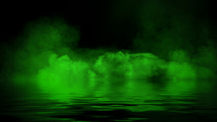 Wall Mural - blaze green fire flame texture overlays on isolated background with water reflection.