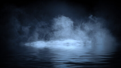 Wall Mural - blaze blue fire flame texture overlays on isolated background with water reflection.