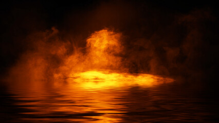 Wall Mural - blaze fire flame texture overlays on isolated background with water reflection.