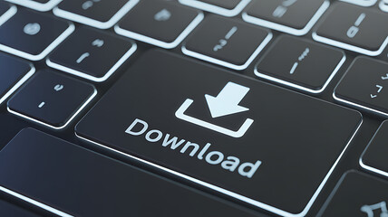 close up of a black keyboard with a download button highlighted in bright white