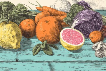Poster - Seasonal Fruits and Vegetables Arranged on Rustic Kitchen Counter With Clear Top Margin Showcasing Vibrant Colors and Textures