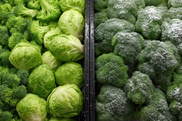 Poster - Fresh Versus Frozen Vegetable Price Comparison Highlighting Broccoli and Brussels Sprouts Displayed in a Grocery Store Setting