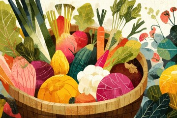 Aufkleber - Colorful Farmers Market Basket Filled With Seasonal Produce in a Vibrant Layout Showcasing Fresh Vegetables and Fruits