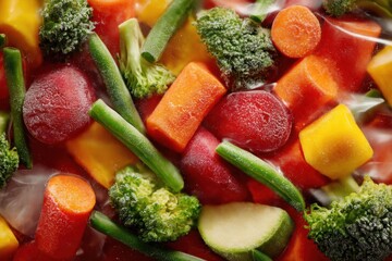 Aufkleber - Close-up View of Frosted Mixed Vegetables in a Steamable Pouch, Brightly Colored and Arranged for Easy Cooking