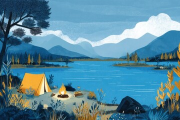 Aufkleber - Peaceful Lake With a Tent and Firepit During a Tranquil Sunset in a Serene Camping Area Near Mountains