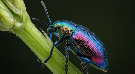 iridescent beetle macro photo on green plant stem detailed insect photography close up nature wildli