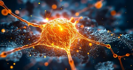 Wall Mural - an abstract depiction of a cell with a glowing, orange center and connecting tendrils against a blue