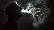 © Abdul - Man exhaling cigarette smoke side view dramatic lighting the smoke forming into decayed teeth imagery creative art style