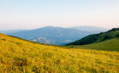 Poster - Spectacular morning light illuminates the green hills of a serene mountainous landscape.