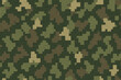 © Maria - Digital pixel military camouflage seamless pattern. Textured fabric background in army green and brown. Abstract tactical woodland camo vector for textile print, game design, or wallpaper.