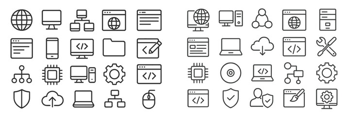 collection of linear icons representing technology, computers, and web development tools in a minima