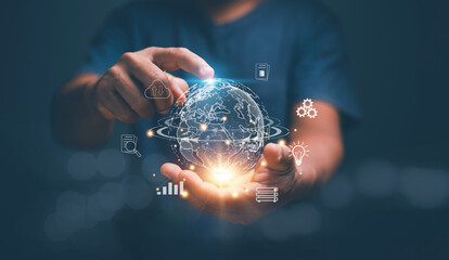 Poster - Business global data internet connection technology and digital marketing, Businessman holding virtual global with computer network application icon, Digital link tech, big data, Internet of Things.