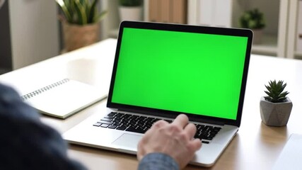 Laptop screen workspace, person using green screen laptop on modern desk showing digital productivity technology creativity and remote work concept for content creators and editors