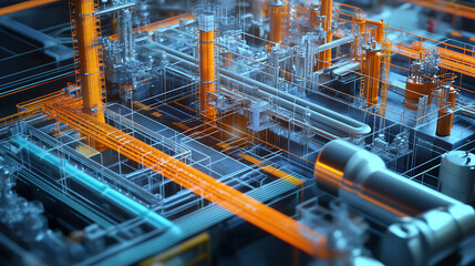 Wall Mural - a futuristic industrial scene with a lot of pipes and wires. the image is a representation of a comp