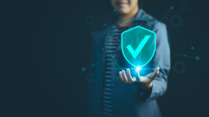 Poster - User show on hand identity proofing icon for security protection system on virtual screen. Concept of Quality assurance of business service, Certified guarantee approval or secure access system.