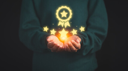 Poster - Person holding and showing the best quality assurance with golden five stars. Quality assurance of business services. Guarantee, Standards, ISO certification and testimonial concept.
