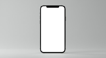 a modern smartphone centered in the frame, showcasing a blank screen. soft gray background, emphasiz