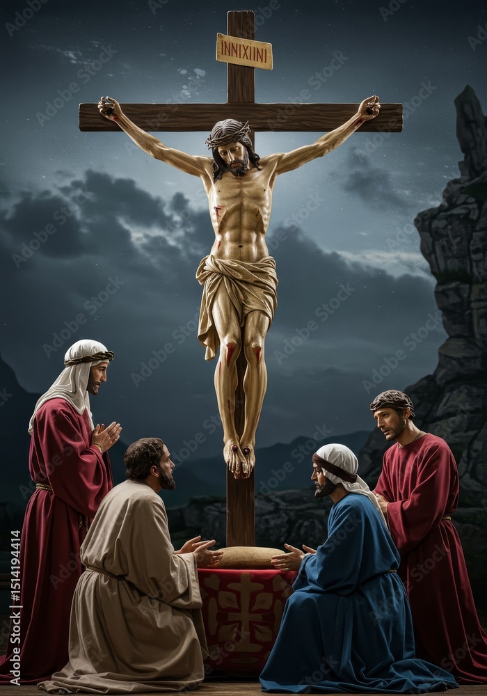 Pixel Art of Jesus Christ Crucifixion Scene with Praying Worshiper ...
