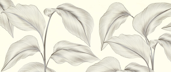 Wall Mural - black and white tropical art background with leaves in line art style. botanical banner for decor, p