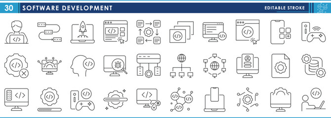 a set of line icons related to software development. program, install, develop, mobile, computer, op