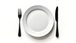 © Sandali Tharindi - Minimalist Place Setting with White Plate & Black Cutlery – Isolated on White Background