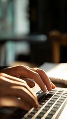 Close-up view of human hands typing on a black laptop keyboard in warm light for web development or remote freelance work.