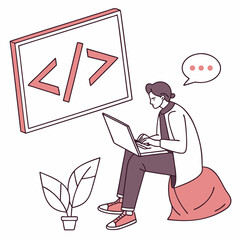 young programmer coding on laptop thinking about code