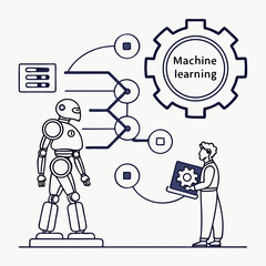 robot and engineer collaborating on machine learning project