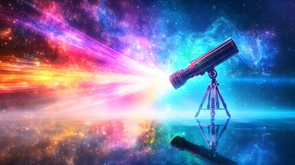 Wall Mural - A telescope on a tripod, pointed towards a vibrant, multicolored nebula, reflecting on a dark, glossy surface.  Cosmic rays emanate from its lens